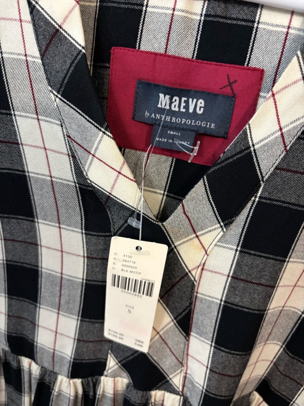Anthropologie Maeve Black and White Plaid Tiered V-Neck Long Sleeve Dress - Picture 7 of 9